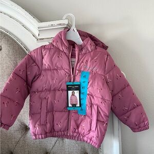Girls' Pink Hooded Puffer Jacket with Bows  - 4T